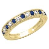 0.55 Carat (ctw) 10K Yellow Gold Round Cut Blue Sapphire & White Diamond Ladies Milgrain Anniversary Wedding Stackable Band 1/2 CT