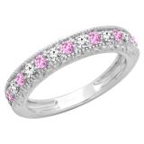 0.55 Carat (ctw) 14K White Gold Round Cut Pink Sapphire & White Diamond Ladies Milgrain Anniversary Wedding Stackable Band 1/2 CT