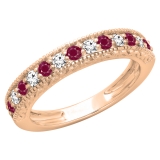 0.55 Carat (ctw) 10K Rose Gold Round Cut Red Ruby & White Diamond Ladies Milgrain Anniversary Wedding Stackable Band 1/2 CT