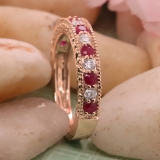 0.55 Carat (ctw) 10K Rose Gold Round Cut Red Ruby & White Diamond Ladies Milgrain Anniversary Wedding Stackable Band 1/2 CT