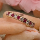 0.55 Carat (ctw) 10K Yellow Gold Round Cut Red Ruby & White Diamond Ladies Milgrain Anniversary Wedding Stackable Band 1/2 CT