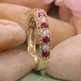 0.55 Carat (ctw) 10K Yellow Gold Round Cut Red Ruby & White Diamond Ladies Milgrain Anniversary Wedding Stackable Band 1/2 CT
