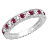 0.55 Carat (ctw) 14K White Gold Round Cut Red Ruby & White Diamond Ladies Milgrain Anniversary Wedding Stackable Band 1/2 CT