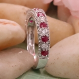 0.55 Carat (ctw) 14K White Gold Round Cut Red Ruby & White Diamond Ladies Milgrain Anniversary Wedding Stackable Band 1/2 CT