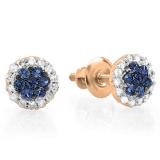 0.30 Carat (ctw) 10K Rose Gold Blue Sapphire & White Diamond Ladies Cluster Flower Stud Earrings 1/3 CT