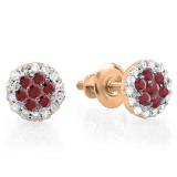 0.30 Carat (ctw) 10K Rose Gold Red Ruby & White Diamond Ladies Cluster Flower Stud Earrings 1/3 CT
