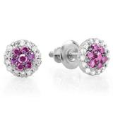 0.30 Carat (ctw) 10K White Gold Pink Sapphire & White Diamond Ladies Cluster Flower Stud Earrings 1/3 CT