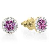 0.30 Carat (ctw) 10K Yellow Gold Pink Sapphire & White Diamond Ladies Cluster Flower Stud Earrings 1/3 CT