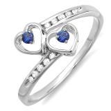 0.15 Carat (ctw) Sterling Silver Round Blue Sapphire & White Diamond Ladies Bridal Double Heart Promise Ring
