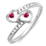 0.15 Carat (ctw) Sterling Silver Round Red Ruby & White Diamond Ladies Bridal Double Heart Promise Ring