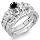 2.00 Carat (ctw) 10K White Gold Round Black & White Diamond Ladies Bridal Engagement Ring Matching Wedding Band Set 2 CT