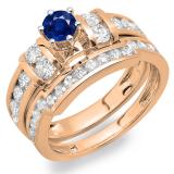 2.00 Carat (ctw) 10K Rose Gold Round Blue Sapphire & White Diamond Ladies Bridal Engagement Ring Matching Wedding Band Set 2 CT