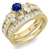 2.00 Carat (ctw) 14K Yellow Gold Round Blue Sapphire & White Diamond Ladies Bridal Engagement Ring Matching Wedding Band Set 2 CT