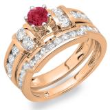 2.00 Carat (ctw) 10K Rose Gold Round Red Ruby & White Diamond Ladies Bridal Engagement Ring Matching Wedding Band Set 2 CT