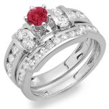 2.00 Carat (ctw) 18K White Gold Round Red Ruby & White Diamond Ladies Bridal Engagement Ring Matching Wedding Band Set 2 CT