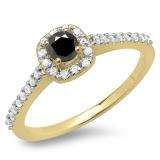 0.50 Carat (ctw) 14K Yellow Gold Round Black & White Diamond Ladies Halo Bridal Engagement Ring 1/2 CT