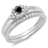 0.30 Carat (ctw) 14K White Gold Round Black & White Diamond Ladies Split Shank Bridal Engagement Ring Set With Matching Band 1/3 CT