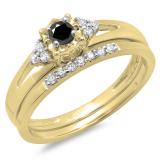 0.30 Carat (ctw) 14K Yellow Gold Round Black & White Diamond Ladies Split Shank Bridal Engagement Ring Set With Matching Band 1/3 CT