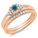 0.30 Carat (ctw) 10K Rose Gold Round Blue & White Diamond Ladies Split Shank Bridal Engagement Ring Set With Matching Band 1/3 CT