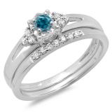 0.30 Carat (ctw) 10K White Gold Round Blue & White Diamond Ladies Split Shank Bridal Engagement Ring Set With Matching Band 1/3 CT