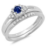 0.30 Carat (ctw) 18K White Gold Round Blue Sapphire & White Diamond Ladies Split Shank Bridal Engagement Ring Set With Matching Band 1/3 CT