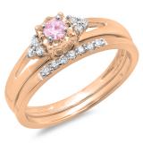 0.30 Carat (ctw) 14K Rose Gold Round Pink Sapphire & White Diamond Ladies Split Shank Bridal Engagement Ring Set With Matching Band 1/3 CT