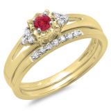 0.30 Carat (ctw) 10K Yellow Gold Round Red Ruby & White Diamond Ladies Split Shank Bridal Engagement Ring Set With Matching Band 1/3 CT