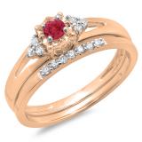 0.30 Carat (ctw) 18K Rose Gold Round Red Ruby & White Diamond Ladies Split Shank Bridal Engagement Ring Set With Matching Band 1/3 CT