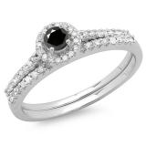 0.65 Carat (ctw) 10K White Gold Round Black & White Diamond Ladies Bridal Engagement Halo Ring With Matching Band Set