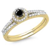 0.65 Carat (ctw) 10K Yellow Gold Round Black & White Diamond Ladies Bridal Engagement Halo Ring With Matching Band Set