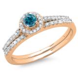 0.65 Carat (ctw) 10K Rose Gold Round Blue & White Diamond Ladies Bridal Engagement Halo Ring With Matching Band Set