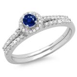0.65 Carat (ctw) 14K White Gold Round Blue Sapphire & White Diamond Ladies Bridal Engagement Halo Ring With Matching Band Set