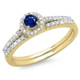 0.65 Carat (ctw) 14K Yellow Gold Round Blue Sapphire & White Diamond Ladies Bridal Engagement Halo Ring With Matching Band Set
