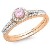 0.65 Carat (ctw) 10K Rose Gold Round Pink Sapphire & White Diamond Ladies Bridal Engagement Halo Ring With Matching Band Set