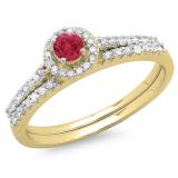0.65 Carat (ctw) 10K Yellow Gold Round Red Ruby & White Diamond Ladies Bridal Engagement Halo Ring With Matching Band Set