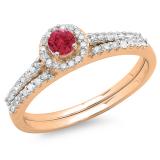 0.65 Carat (ctw) 14K Rose Gold Round Red Ruby & White Diamond Ladies Bridal Engagement Halo Ring With Matching Band Set