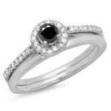 0.50 Carat (ctw) 18K White Gold Round Black & White Diamond Ladies Bridal Engagement Halo Ring With Matching Band Set 1/2 CT