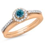 0.50 Carat (ctw) 10K Rose Gold Round Blue & White Diamond Ladies Bridal Engagement Halo Ring With Matching Band Set 1/2 CT