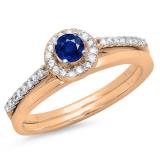 0.50 Carat (ctw) 10K Rose Gold Round Blue Sapphire & White Diamond Ladies Bridal Engagement Halo Ring With Matching Band Set 1/2 CT