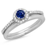 0.50 Carat (ctw) 14K White Gold Round Blue Sapphire & White Diamond Ladies Bridal Engagement Halo Ring With Matching Band Set 1/2 CT