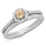 0.50 Carat (ctw) 10K White Gold Round Champagne & White Diamond Ladies Bridal Engagement Halo Ring With Matching Band Set 1/2 CT