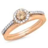 0.50 Carat (ctw) 14K Rose Gold Round Champagne & White Diamond Ladies Bridal Engagement Halo Ring With Matching Band Set 1/2 CT