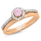 0.50 Carat (ctw) 10K Rose Gold Round Pink Sapphire & White Diamond Ladies Bridal Engagement Halo Ring With Matching Band Set 1/2 CT