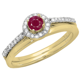 0.50 Carat (ctw) 10K Yellow Gold Round Red Ruby & White Diamond Ladies Bridal Engagement Halo Ring With Matching Band Set 1/2 CT