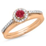 0.50 Carat (ctw) 14K Rose Gold Round Red Ruby & White Diamond Ladies Bridal Engagement Halo Ring With Matching Band Set 1/2 CT