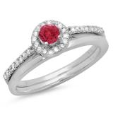 0.50 Carat (ctw) 14K White Gold Round Red Ruby & White Diamond Ladies Bridal Engagement Halo Ring With Matching Band Set 1/2 CT