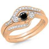 0.60 Carat (ctw) 10K Rose Gold Real Round Black & White Diamond Ladies Swirl Style Bridal 3 Stone Engagement Ring With Matching Band Set
