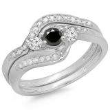 0.60 Carat (ctw) 10K White Gold Real Round Black & White Diamond Ladies Swirl Style Bridal 3 Stone Engagement Ring With Matching Band Set