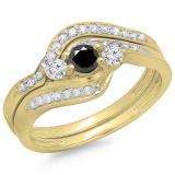 0.60 Carat (ctw) 10K Yellow Gold Real Round Black & White Diamond Ladies Swirl Style Bridal 3 Stone Engagement Ring With Matching Band Set