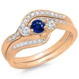0.60 Carat (ctw) 14K Rose Gold Real Round Blue Sapphire & White Diamond Ladies Swirl Style Bridal 3 Stone Engagement Ring With Matching Band Set